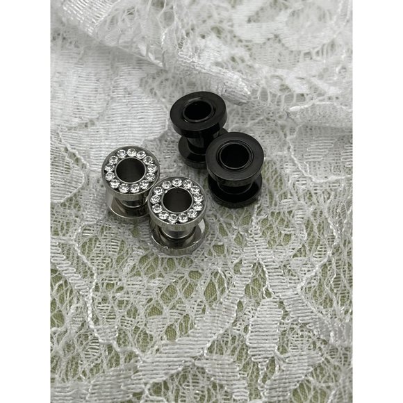 Rhinestone Silver and Black Screw Top Tunnels - Set of 2 - Picture 4 of 8